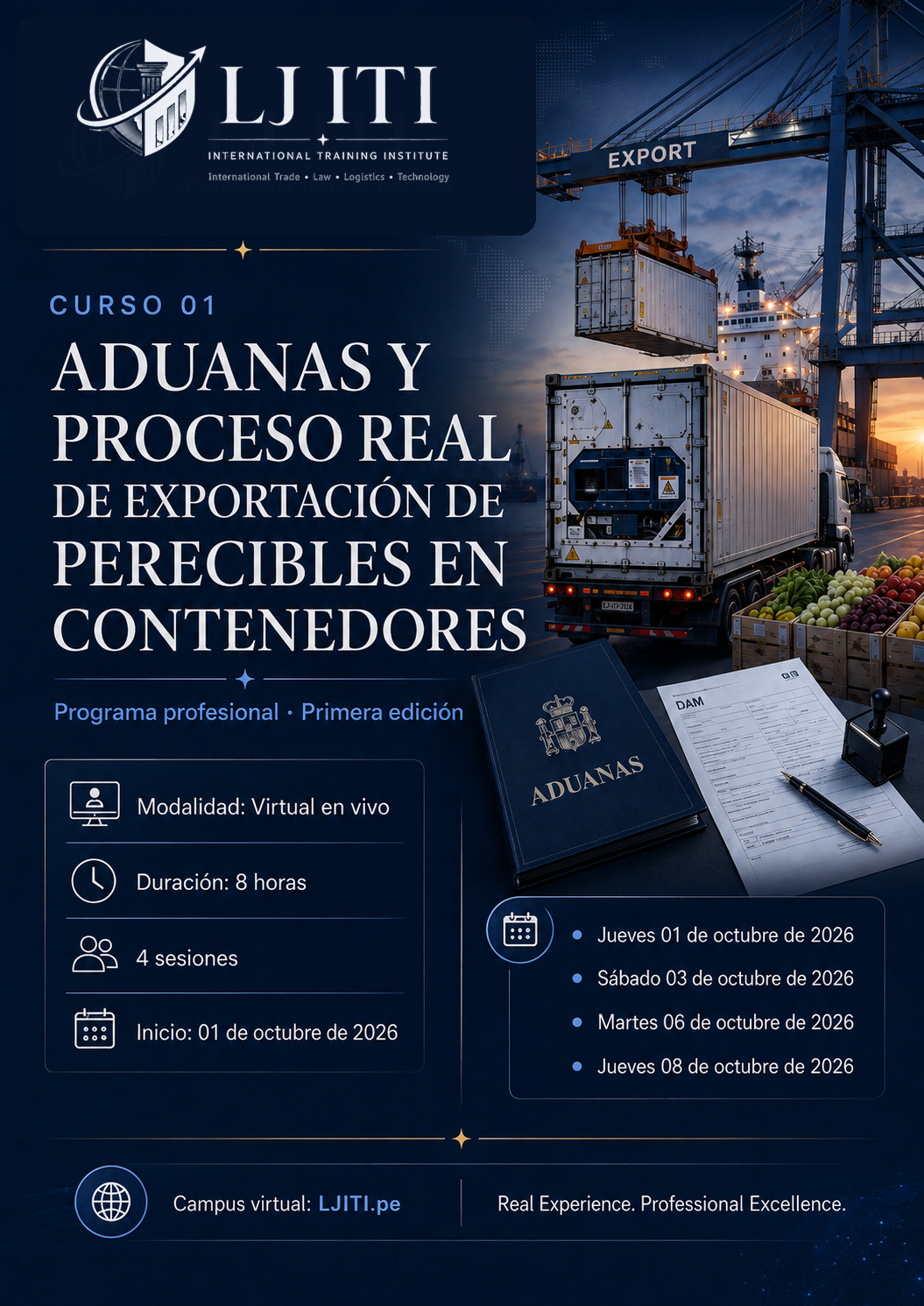 Afiche oficial de Aduanas y Proceso Real de Exportación de Perecibles en Contenedores